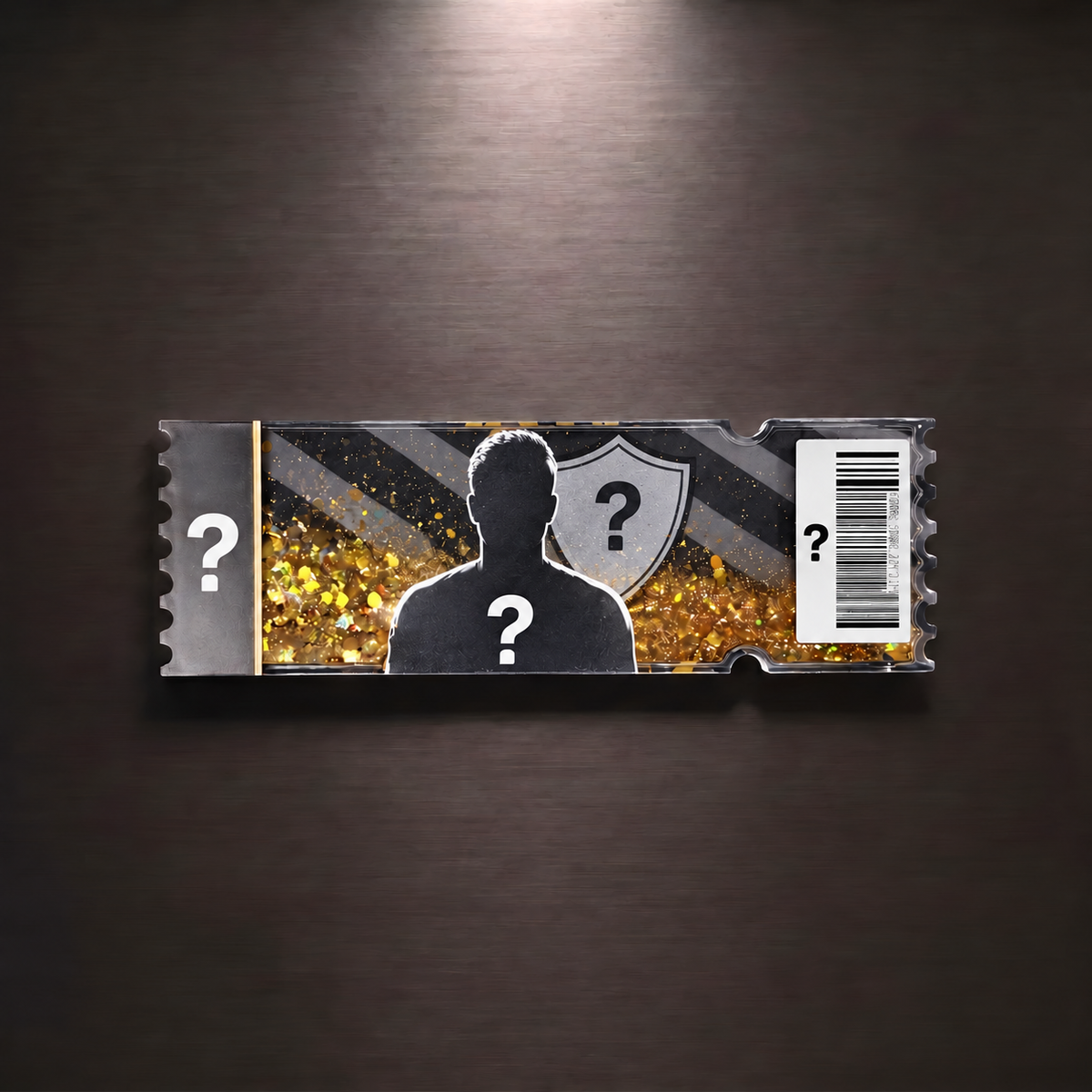 Custom football ticket stub magnet with grey player and club placeholders and gold glitter
